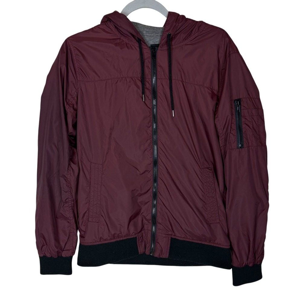 Forever 21 Jacket Men's Small Burgundy Long Sleeve Drawstring Full Zip Hooded